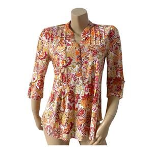 Juniper + Lime Petite PM Popover Blouse Paisley Orange Boho Roll Tab Sleeve Top